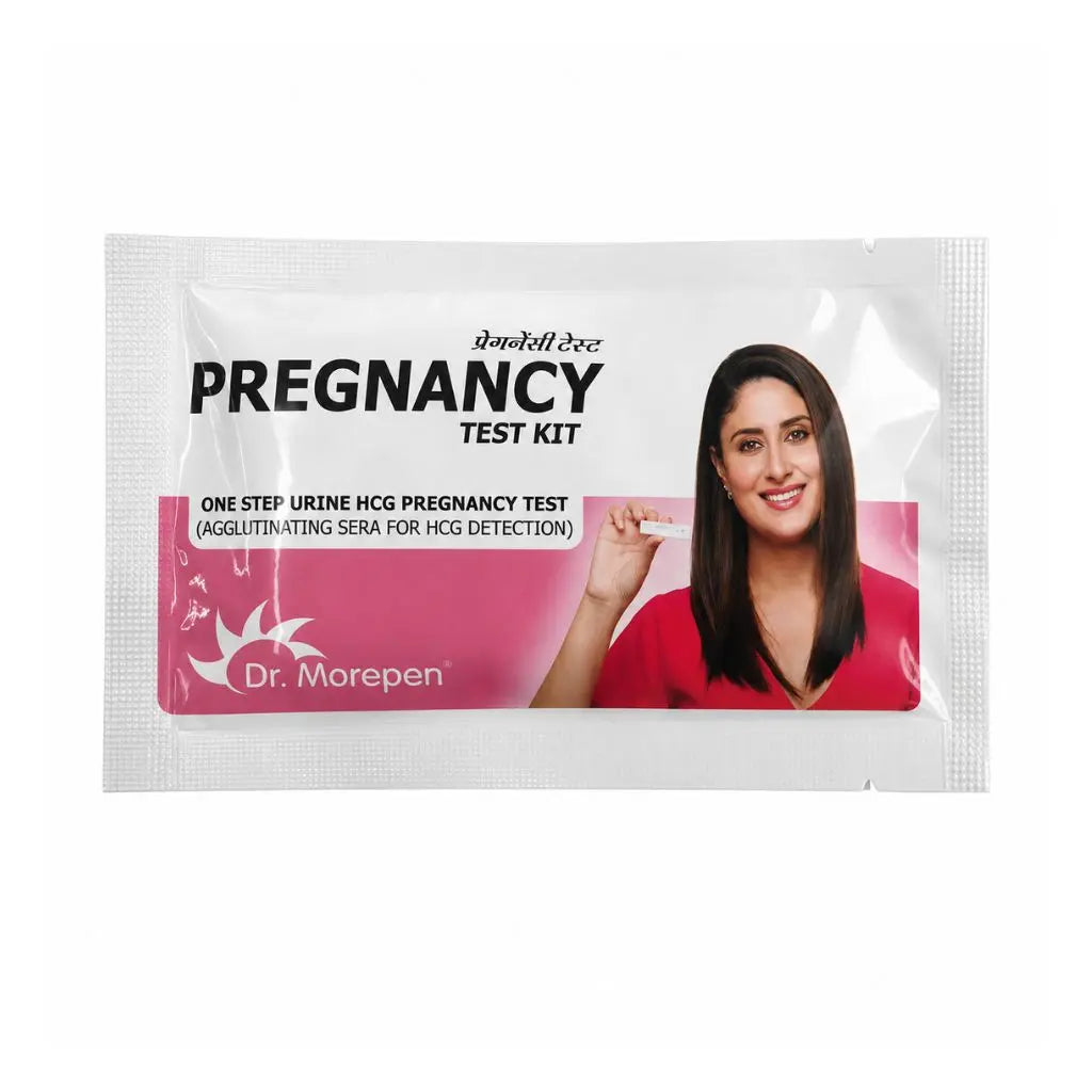 Close-up of the Dr Morepen pregnancy kit HomeHealth HCG cassette.