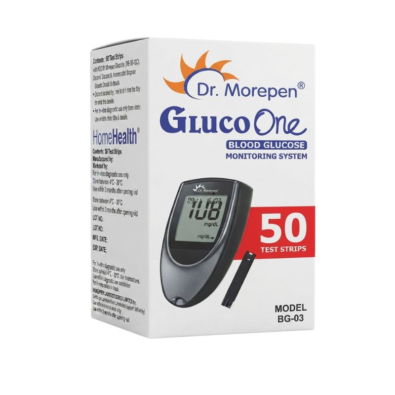Dr. Morepen strips 50 – GlucoOne BG-03 blood glucose test strips box, compatible with GlucoOne BG-03 meter for accurate diabetes monitoring.