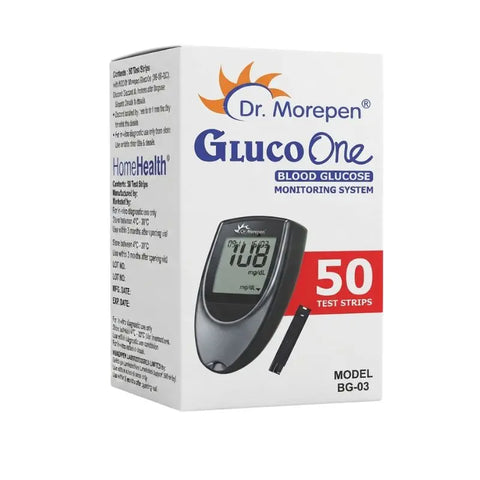 Outer box packaging view of the Gluco One blood glucose monitoring system containing dr morepen strips 50.