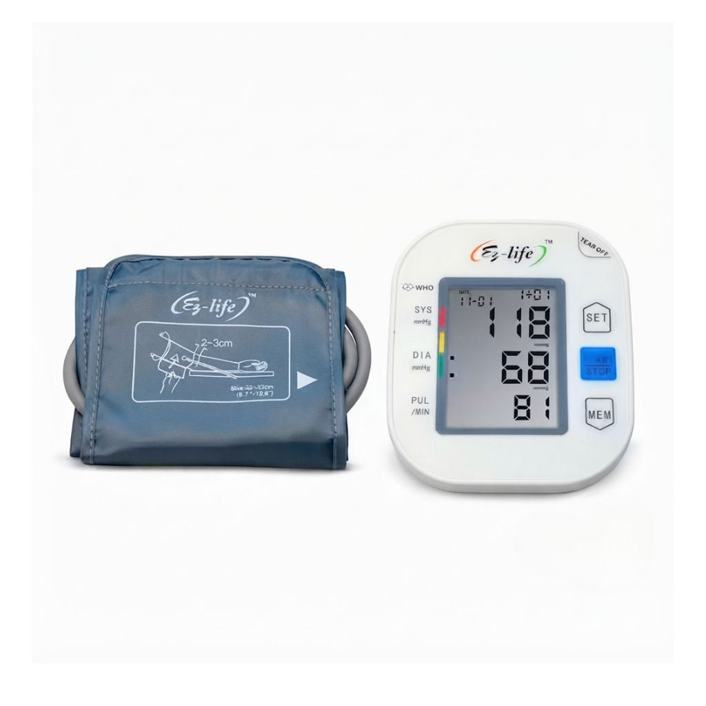 E3-life ez life bp machine with cuff placement guide indicating 2–3 cm above elbow and adjustable cuff size 22–30 cm for a comfortable and accurate fit on the upper arm.
