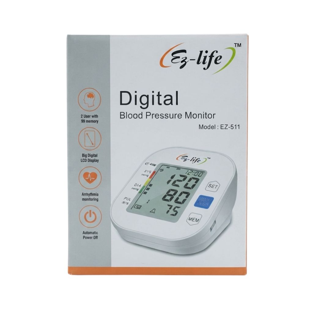 The EZ Life BP machine EZ-511 features 2-user mode, 99-memory storage, a big digital LCD, arrhythmia monitoring, and automatic power off for convenient home health management.