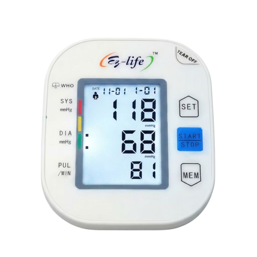 E3-life EZ-511 ez life bp machine digital display showing WHO risk indicator, date, systolic, diastolic, pulse, with START/STOP and MEM buttons for easy blood pressure tracking.