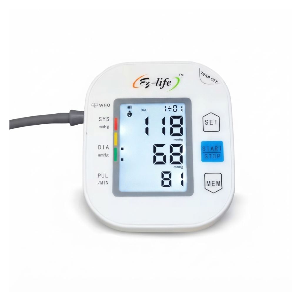 E3-life ez life bp machine screen showing WHO blood pressure classification, date, systolic 18 reading, and clear menu navigation with SET and MEM functions.