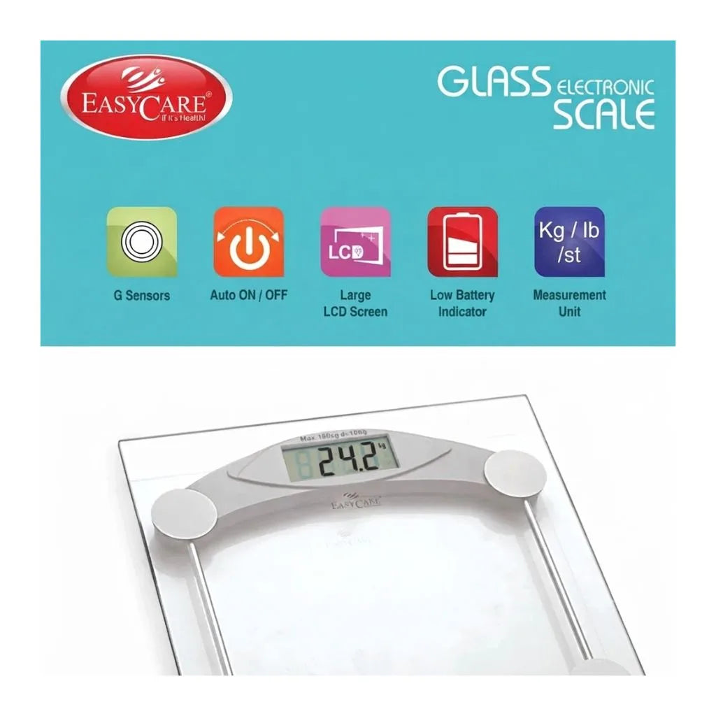 EASYCARE 3118 B digital weighing scale featuring G-sensors, auto ON/OFF, large LCD screen, low battery indicator, and 160kg max capacity for reliable home health monitoring.