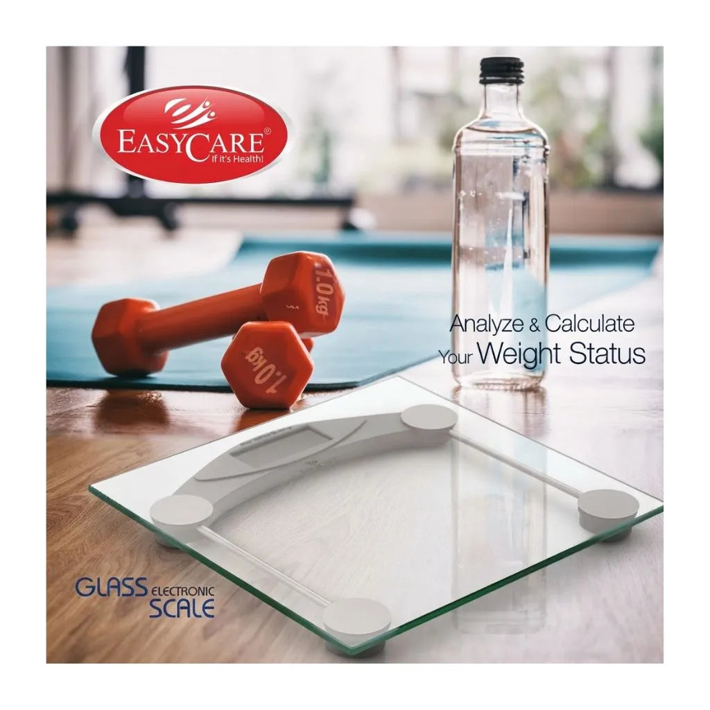 EASYCARE 3118 B digital weighing scale helping you analyze and calculate your weight status with a durable glass electronic platform for accurate health and fitness tracking.