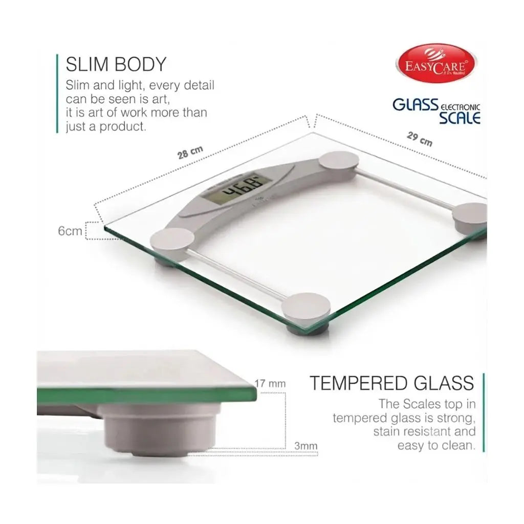 EASYCARE 3118 B digital weighing scale with slim tempered glass top – strong, stain-resistant, easy to clean, and measuring 28 x 29 cm for a sleek and durable design.