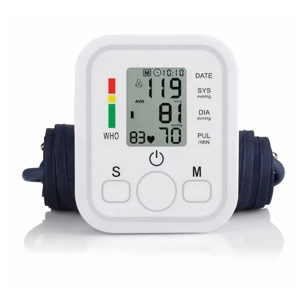 Close-up of the digital LCD screen on an electronic blood pressure monitor showing systolic, diastolic, and pulse readings.