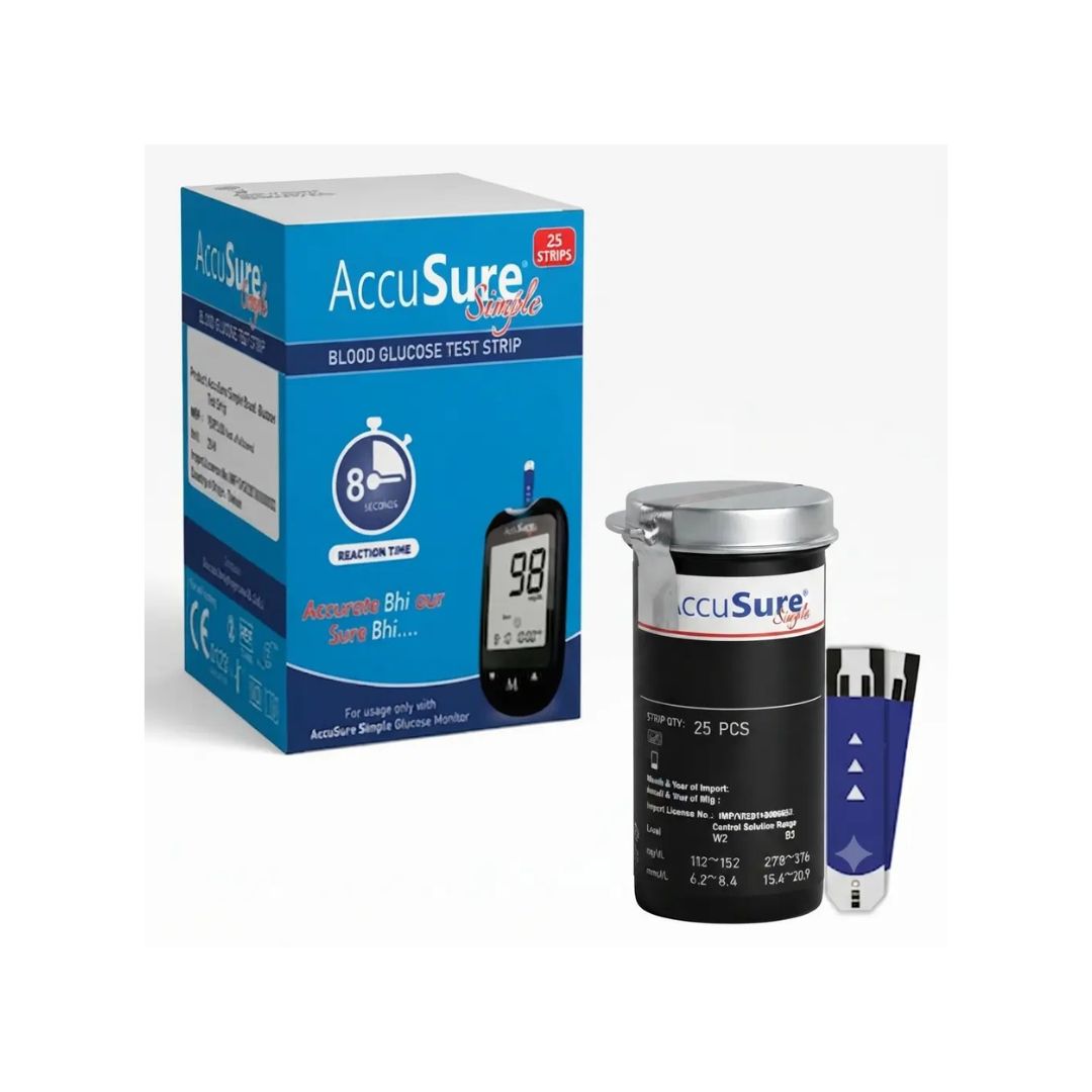 Pack of 25 AccuSure Simple diabetes test strips showing the protective container with a moisture-proof seal for accurate home blood sugar testing.