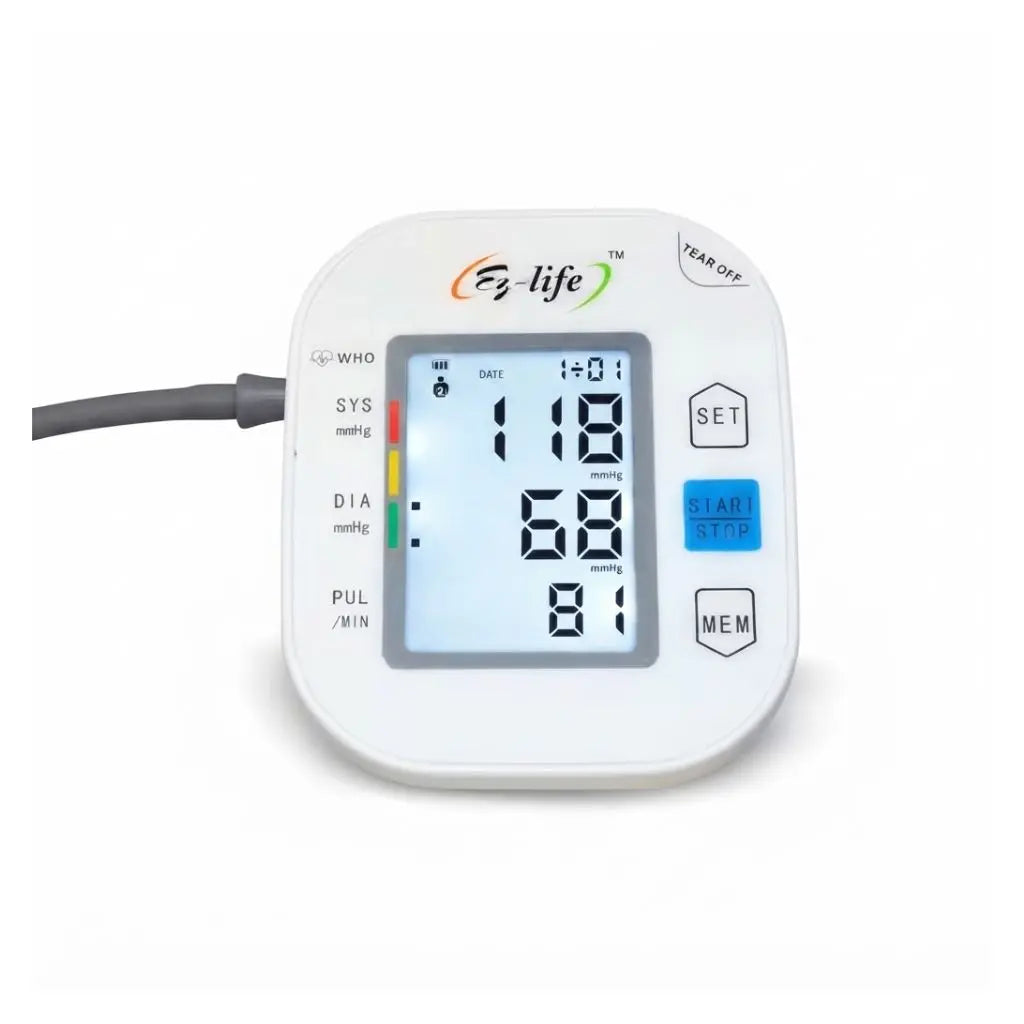 Detailed view of the LCD display on the ez life bp machine indicating user profile, date, time, and measurements.