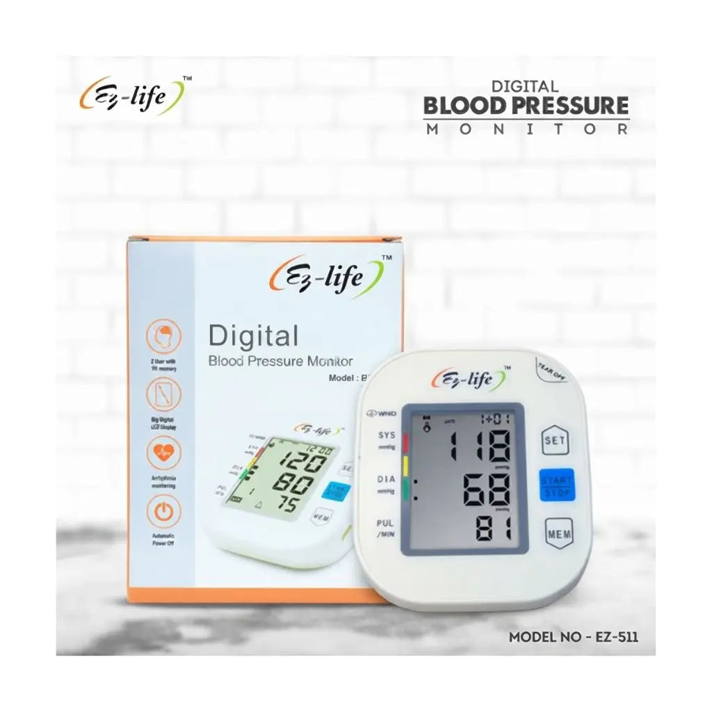 An ez life bp machine model EZ-511 shown beside its retail packaging box highlighting dual user memory and display features.