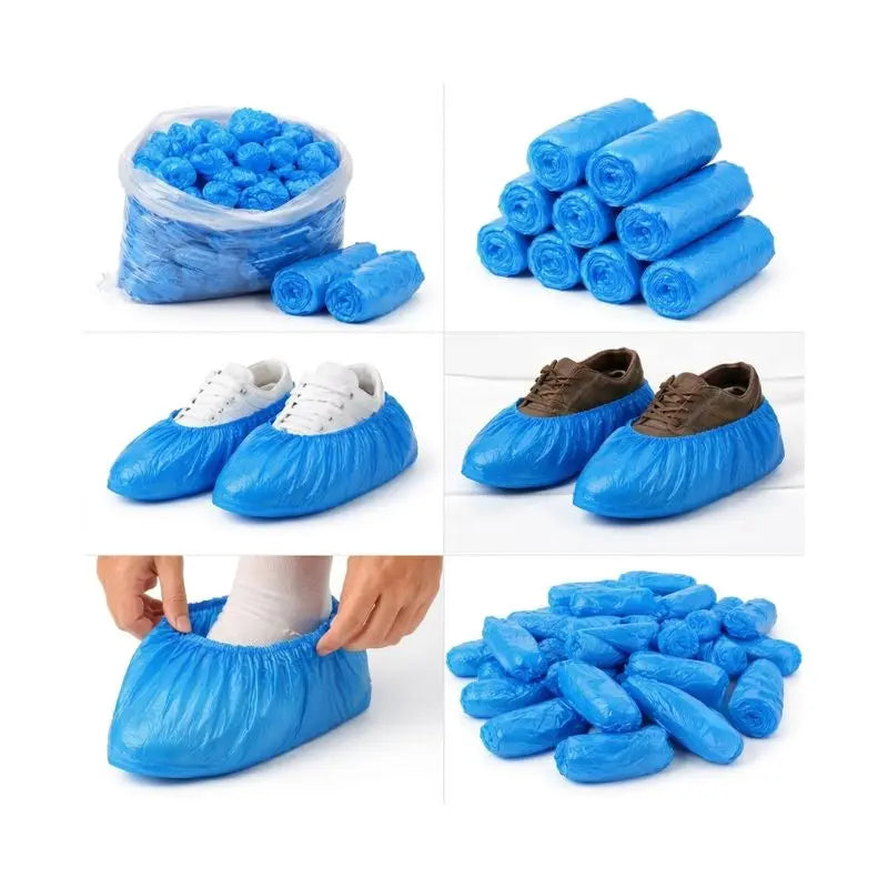 Multi-panel feature overview of a plastic shoe cover showcasing bulk packaging, roll bundles, elasticity test, and non-slip design.