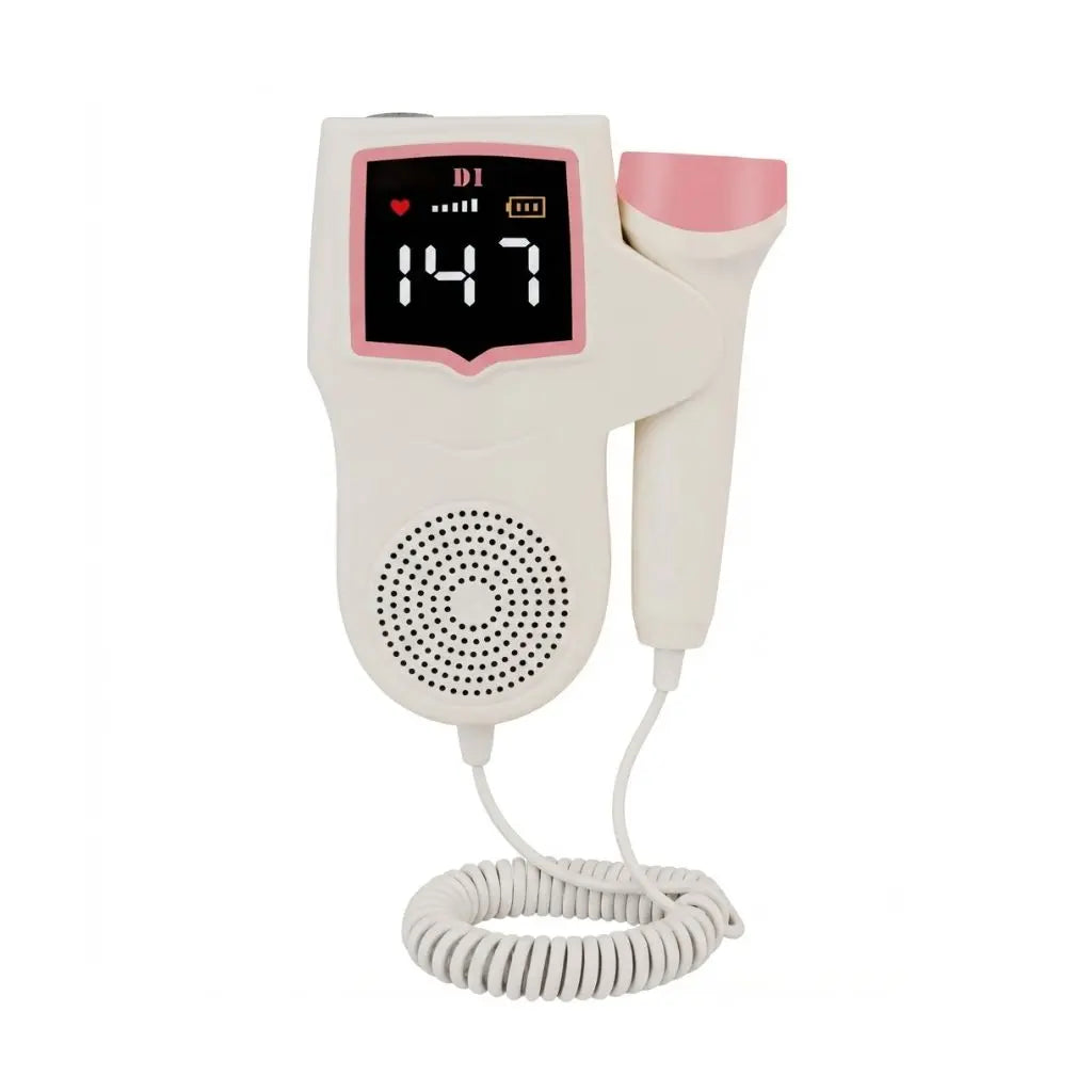 A clean standalone view of the fetal doppler main unit showing the active LCD screen displaying heart rate metrics and coiled cable probe.