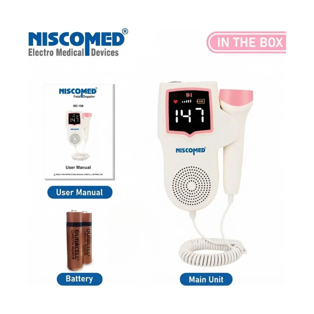 In-the-box package contents for the fetal doppler including the main unit, user manual, and batteries.