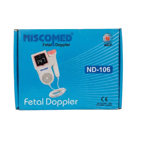 The official blue retail packaging box for the fetal doppler featuring product branding and model number ND-106.