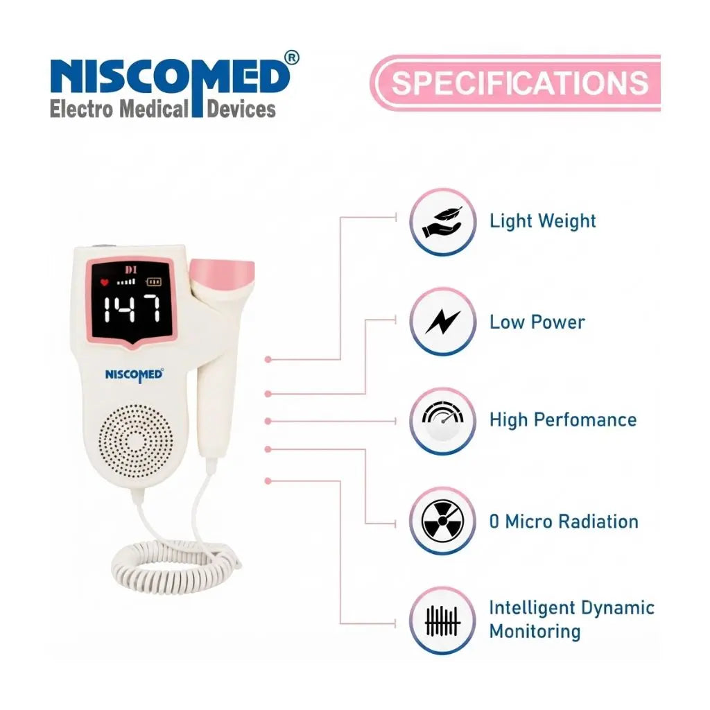 Promotional display view of the fetal doppler main unit and attached probe with clear LCD screen readout.