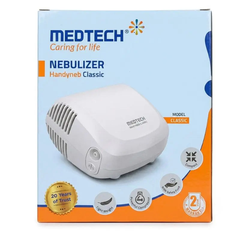 Front view of the retail packaging box for the Handyneb Classic nebulizer displaying 2-year warranty and compact design seals.