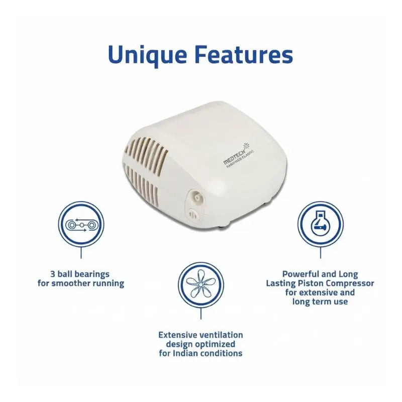 Unique features infographic of the Handyneb Classic showcasing 3 ball bearings for smooth running and optimized Indian ventilation design.