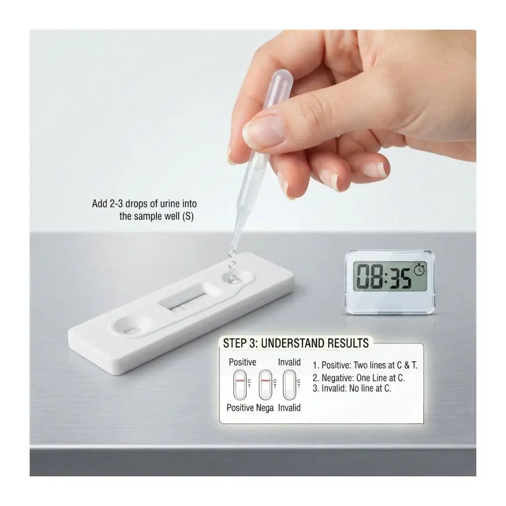 Happy News pregnancy test kit detailed back panel with complete usage instructions, 25mIU/ml sensitivity, storage guidelines, and manufacturer information by Bioford Remedies for dependable home pregnancy testing.