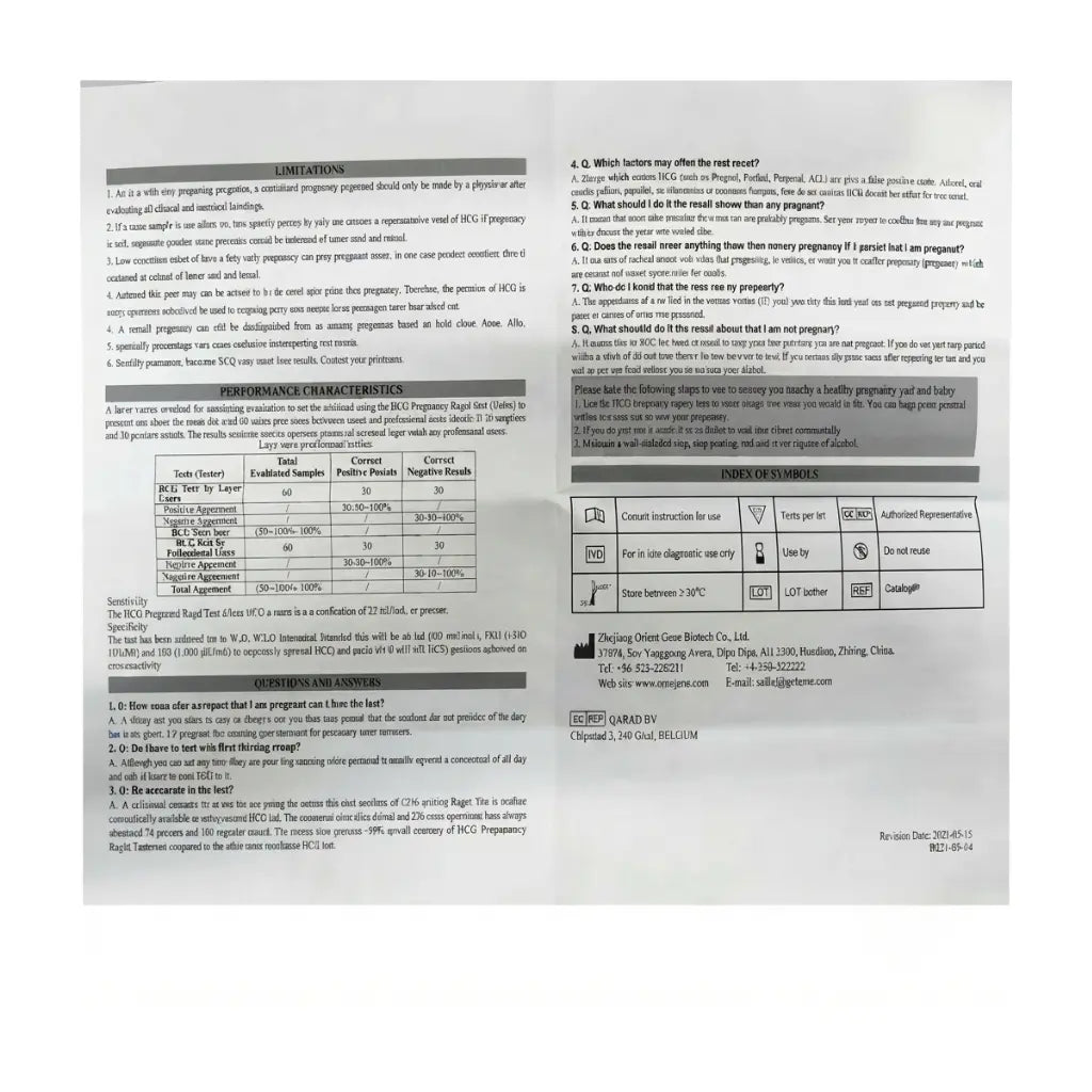 Detailed specifications of the HCG pregnancy test kit including limitations, performance characteristics, sensitivity, specificity, questions and answers, and symbol index – essential information for reliable use of your kit pregnancy test.