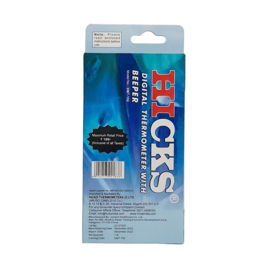Hicks BMT-102 digital thermometer with beeper back label – model number BMT-102, maximum retail price ₹188, imported and marketed by Hicks Thermometers (I) Ltd., ISO 13485 certified, manufactured by JOYTECH Healthcare Co. Ltd., with complete batch and import details for quality assurance.