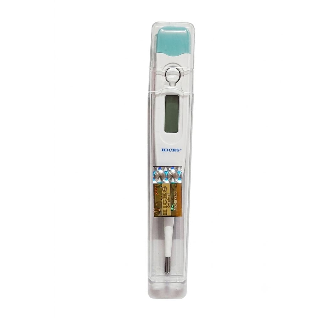 Hicks BMT-102 digital thermometer real device featuring a clear LCD display, beeper function, memory recall, and a durable probe – designed for accurate oral, rectal, or underarm temperature measurement for adults and children with automatic shut-off.