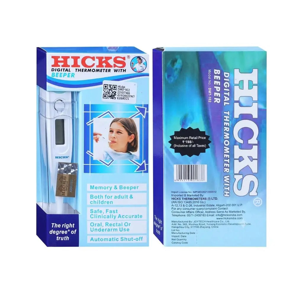 Combined front and back packaging view of the hicks digital thermometer displaying instructions, pricing, and product details.