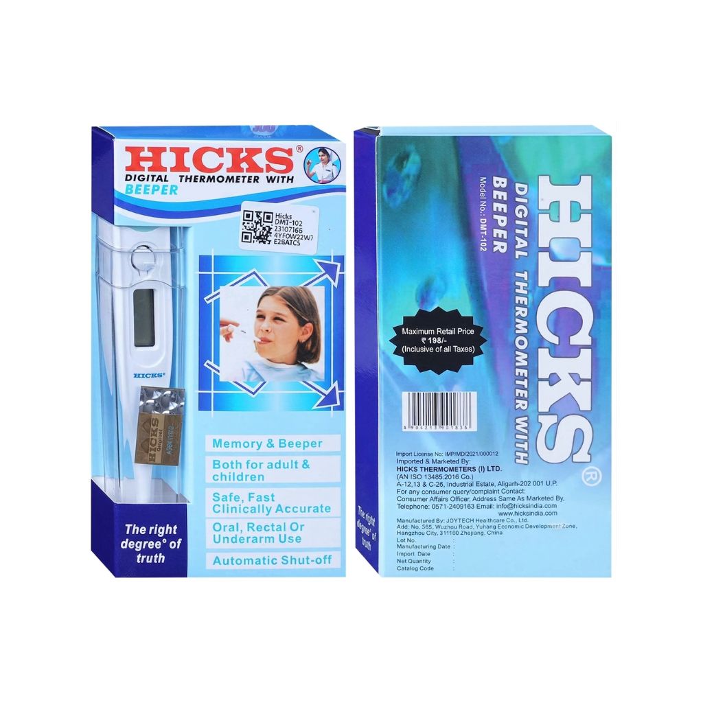 Hicks digital thermometer with beeper back packaging showing complete product details – features memory and beeper, safe for adult and children, fast and clinically accurate results, oral/rectal/underarm use, automatic shut-off, manufactured by JOYTECH Healthcare with ISO 13485 certification.