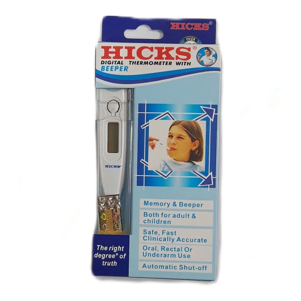 Hicks digital thermometer with beeper front packaging – featuring memory and beeper function, suitable for both adult and children, safe, fast, clinically accurate, and designed for oral, rectal, or underarm use with automatic shut-off for convenient fever measurement at home.