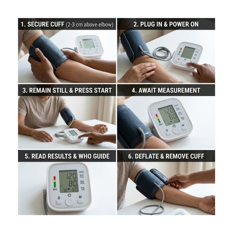 Step-by-step instruction guide demonstrating how to correctly operate and measure blood pressure using a digital doctor bp machine.
