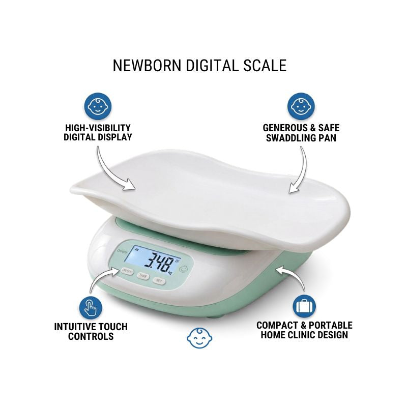 A healthcare professional safely placing an infant onto a digital newborn weight machine in a clinical setting.