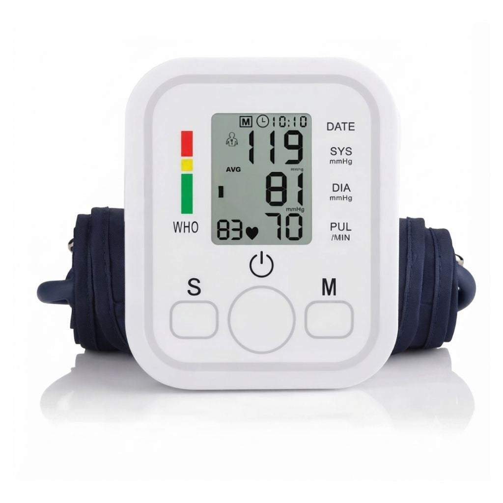 jZiki electronic blood pressure monitor showing average systolic 119, diastolic 83, and pulse 70 with WHO classification scale for easy health risk assessment.