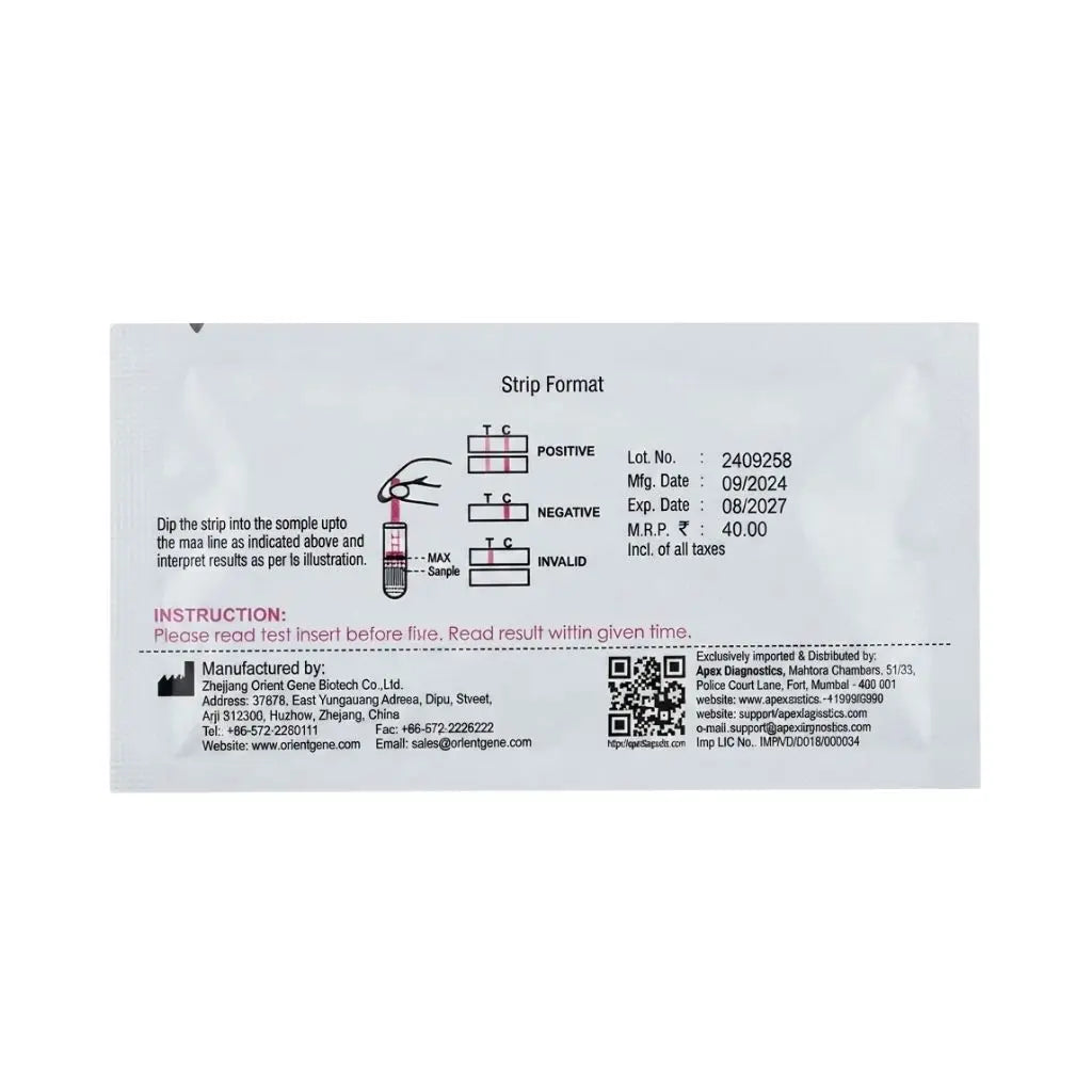 The back side of the kit pregnancy test pouch displaying manufacturing details, pricing, and dip strip instructions.