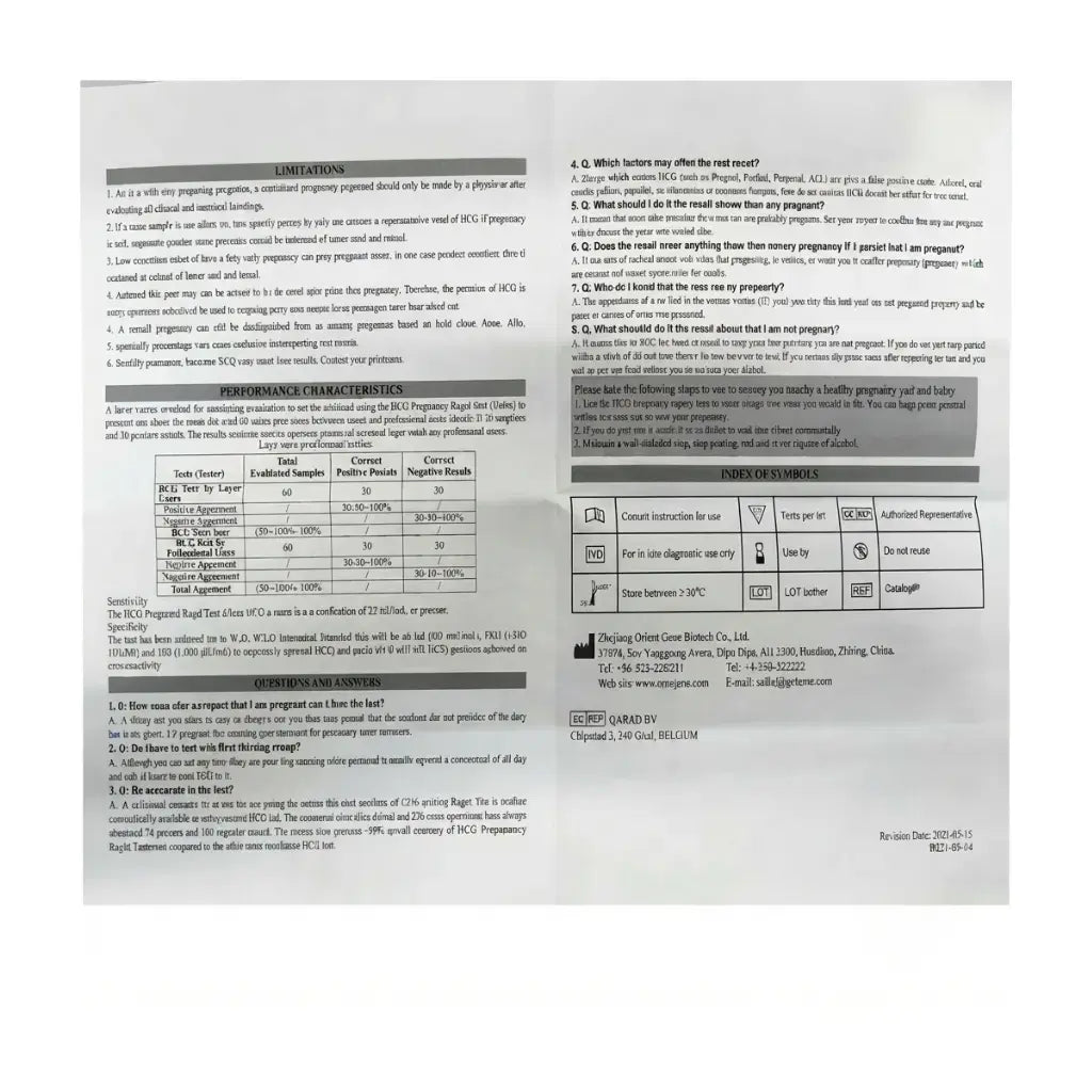 Detailed instruction leaflet and performance characteristics sheet included inside the kit pregnancy test packaging.