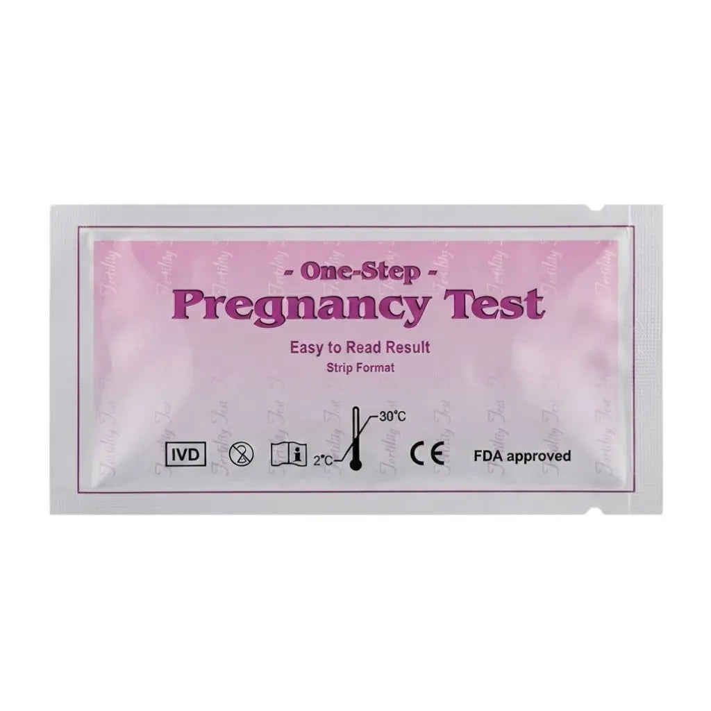 A kit pregnancy test packaging pouch featuring a pink design, strip format, and FDA approved certification.