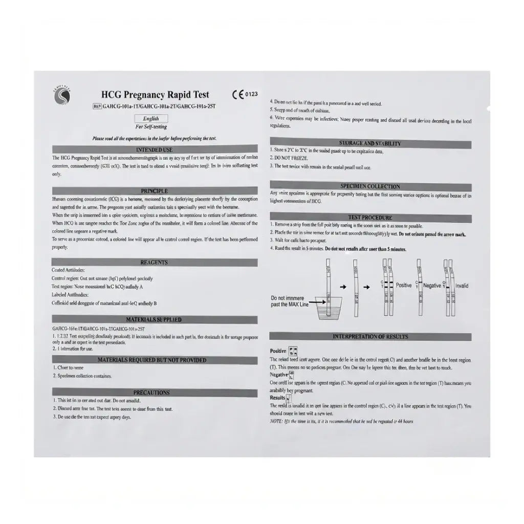 User manual and test procedure guide for the HCG rapid kit pregnancy test showing visual interpretation steps.