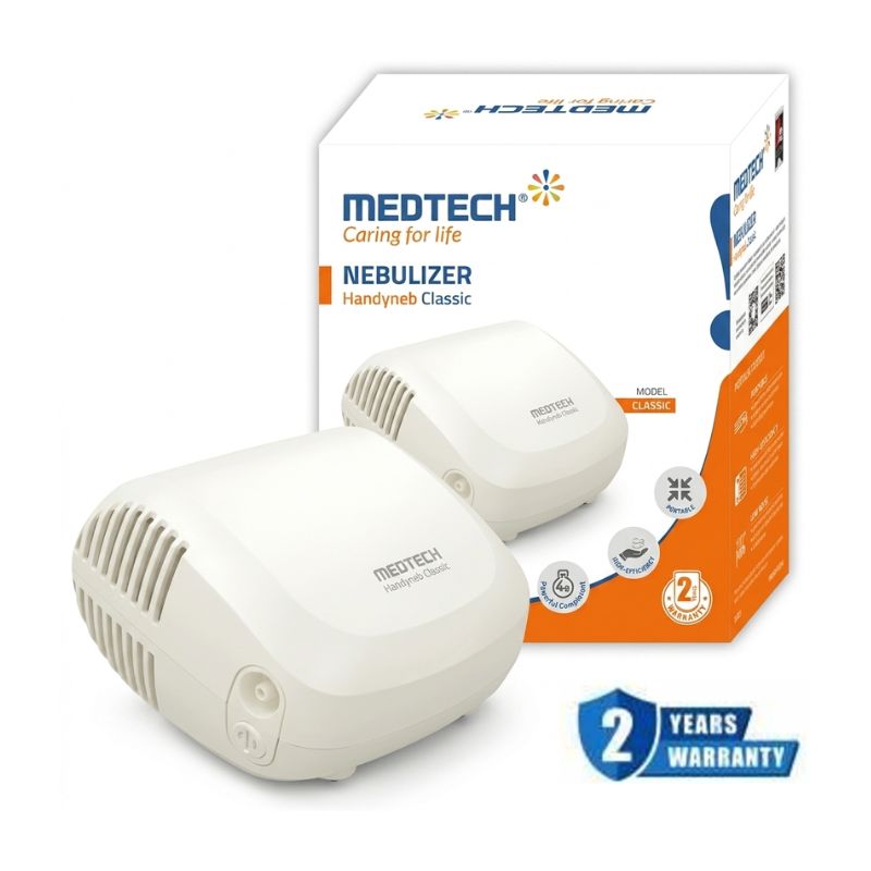 Medtech Handyneb Classic nebulizer box front – caring for life, 2-year warranty, compact design for effective respiratory therapy at home or on the go.
