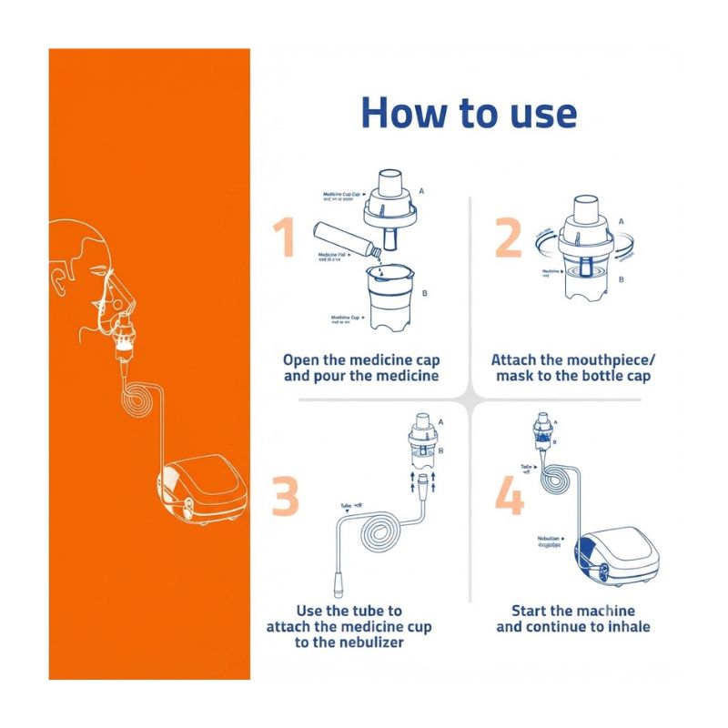 Medtech Handyneb Classic nebulizer how to use guide – open medicine cap and pour medicine, attach mouthpiece or mask, use tube to connect medicine cup to nebulizer, start machine and inhale for effective respiratory therapy.
