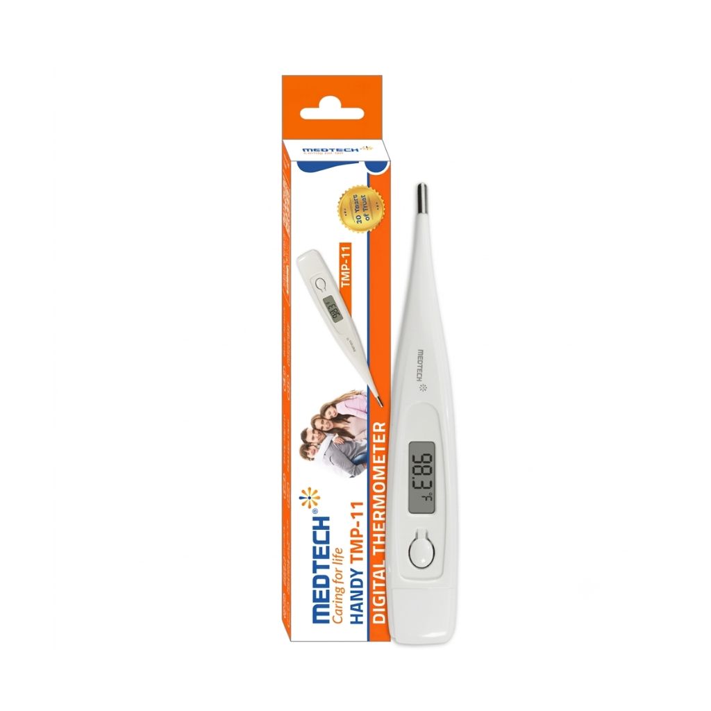 Medtech TMP-11 digital thermometer box pack features – detailed back panel showcasing quick, reliable and accurate temperature readings, beep sound on completion, memory for last reading, automatic shut-down, storage case included, and one-button operation – a complete family health solution with 20 years of trust.