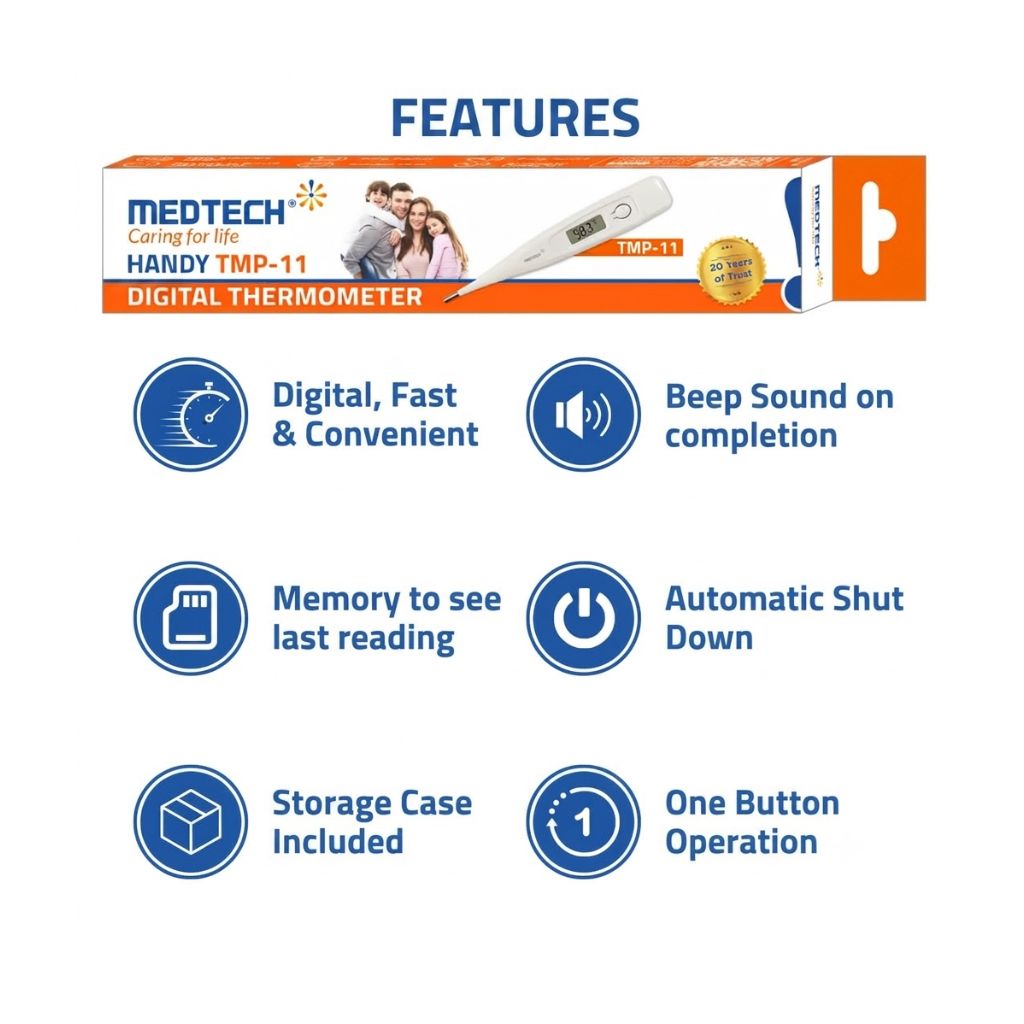 Medtech TMP-11 digital thermometer key features – digital, fast and convenient, beep sound on completion, memory to see last reading, automatic shut down, storage case included, and one-button operation for hassle-free temperature checking.