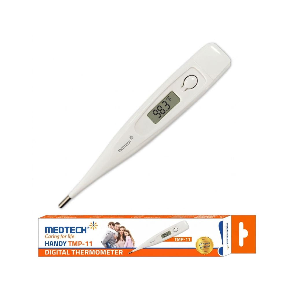 Medtech TMP-11 digital thermometer packaging – 20 years of trust, caring for life, featuring quick and accurate temperature readings for home and clinical use with reliable performance.