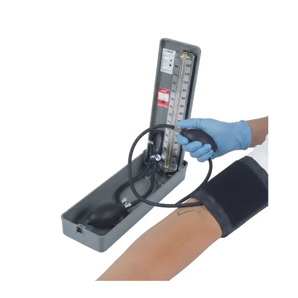Mercurial Blood Pressure Monitor being used professionally by a clinician to measure patient blood pressure with a mercury column.