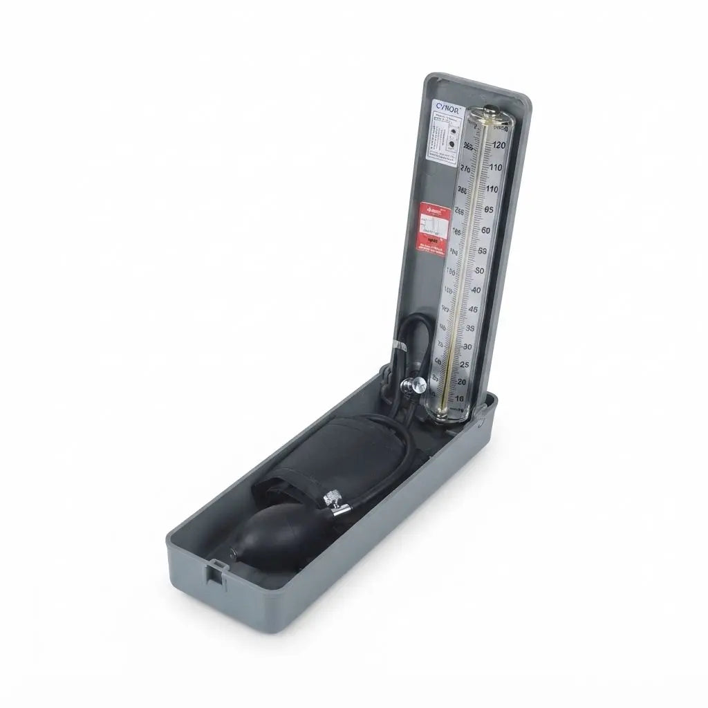 Open protective gray plastic case displaying the complete Mercurial Blood Pressure Monitor kit with manometer, cuff, and bulb.