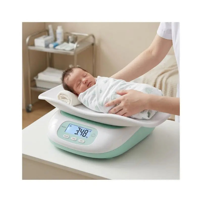 A swaddled infant resting securely on the curved weighing pan of the Newborn Weight Machine during a health checkup.