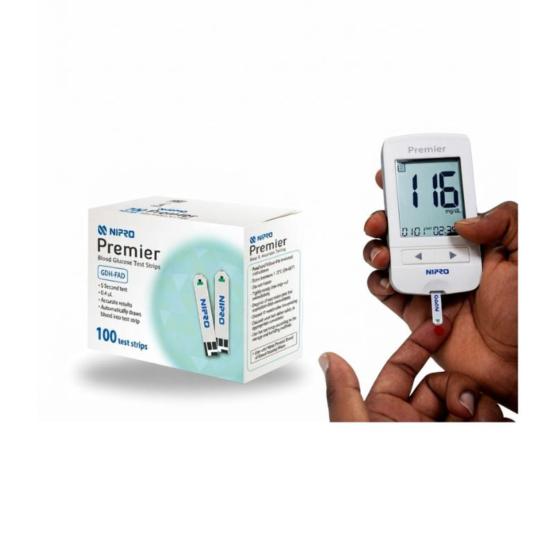 Nipro Premier blood glucose meter strips – 100 test strips with 5-second test, 0.4µL sample, accurate results, and automatic blood draw technology for fast and reliable blood sugar monitoring.
