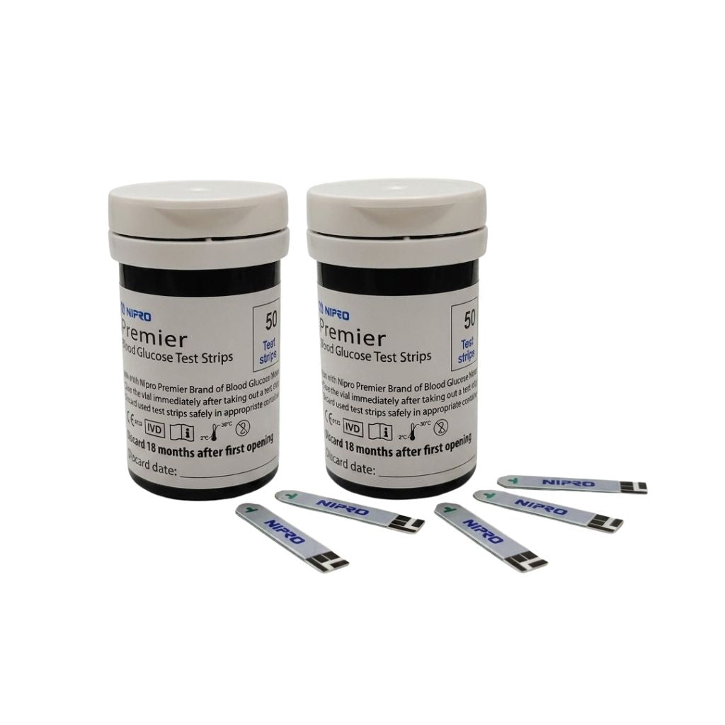 Retail box of 100 Nipro Premier blood glucose test strips