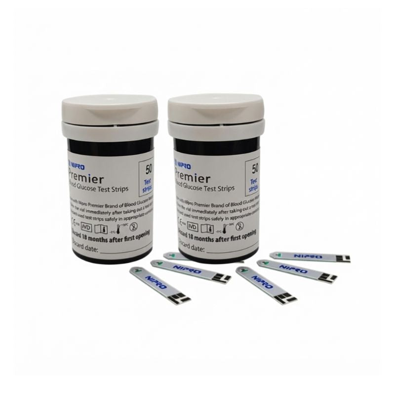 Nipro Premier blood glucose meter strips – 50 test strips per vial with Premier branding and expiry date for convenient and accurate daily diabetes management.
