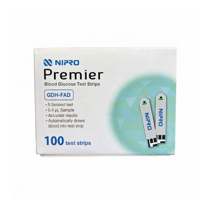 Nipro Premier blood glucose meter strips – 100 test strips with GDH-FAD enzyme technology, 5-second test time, 0.4µL tiny blood sample, and accurate results that automatically draw blood into the test strip for easy diabetes monitoring