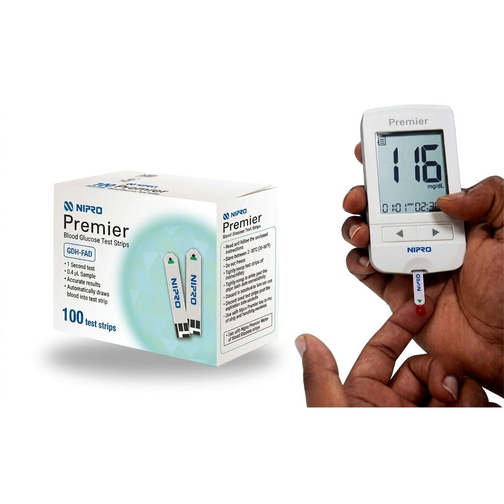 Packaging box for the Nipro Premier S blood glucose monitoring system held by hand.