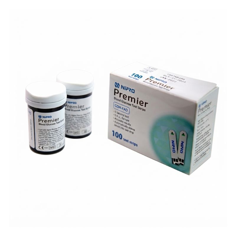 Nipro Premier blood glucose meter strips box front view – 100 test strips, GDH-FAD technology, and Premier brand packaging for reliable and accurate blood sugar testing