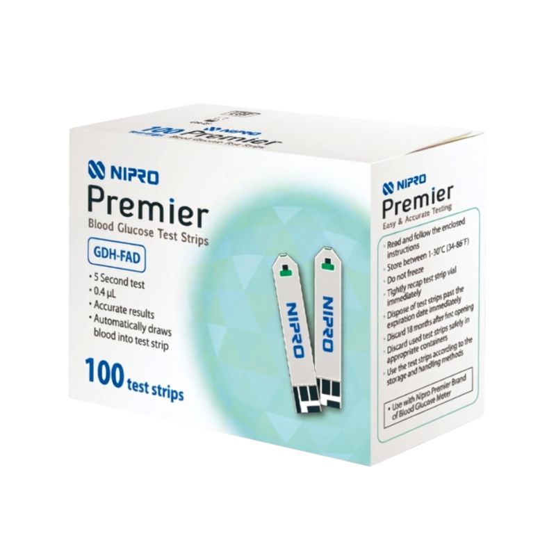 Nipro Premier blood glucose meter strips with complete storage and handling instructions – store between 1-30°C, do not freeze, tightly recap vial, use with Nipro Premier meter, and discard after expiration date for accurate results.